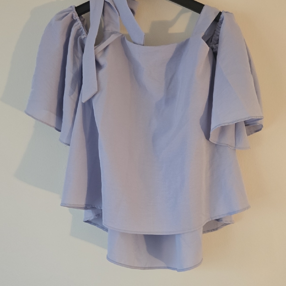 Gray Asymmetrical Tie Front Blouse with Flutter Sleeves
